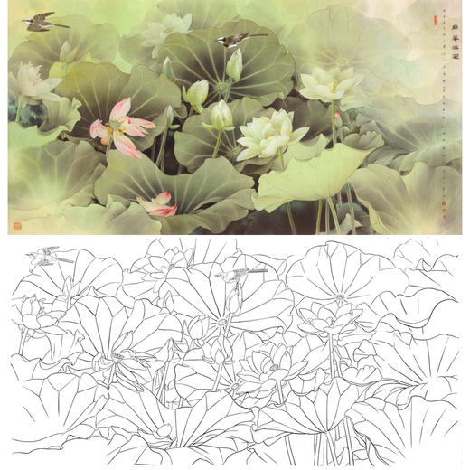 横幅工笔花鸟白描底稿-邹传安-荷花-A028 商品图0