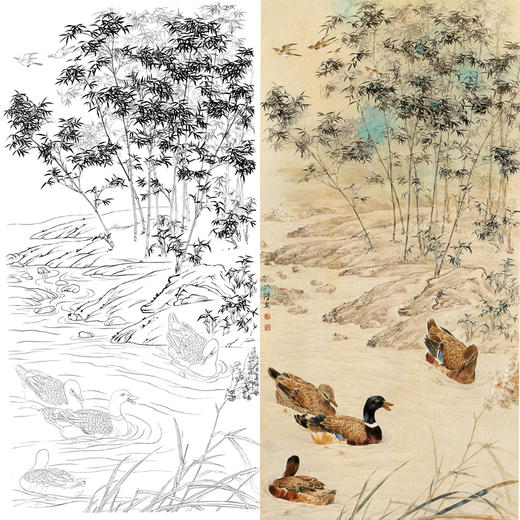 白描底稿-邹传安工笔竖幅四尺六尺花鸟-竹子鸭子-a086