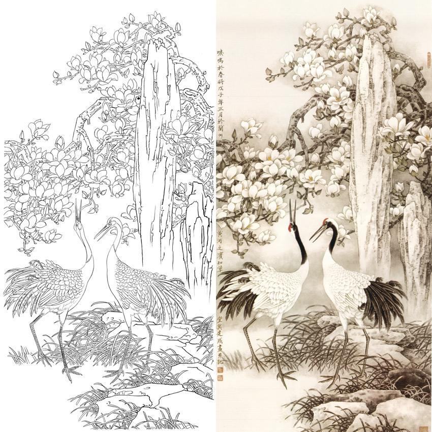莫建成竖幅工笔花鸟白描底稿-玉兰仙鹤-A042