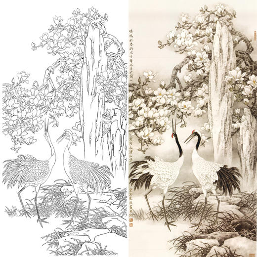 莫建成竖幅工笔花鸟白描底稿-玉兰仙鹤-A042 商品图0