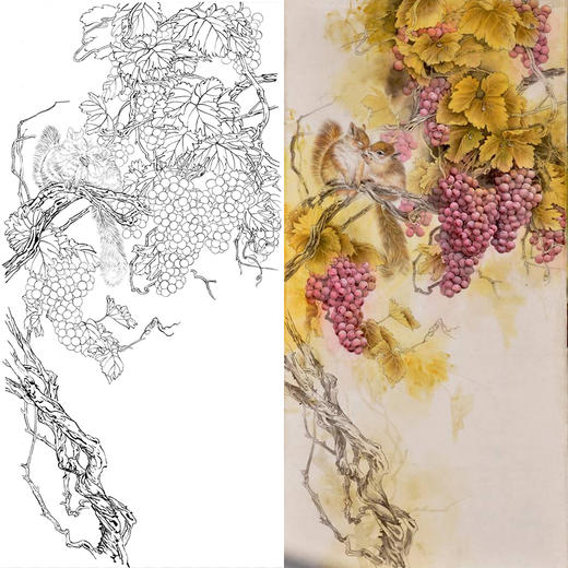 竖幅工笔花鸟白描底稿-葡萄松鼠-李喆-A068 商品图0