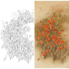 竖幅工笔花鸟白描底稿-梁燕生《红掌》-多种白描尺寸可选-A058