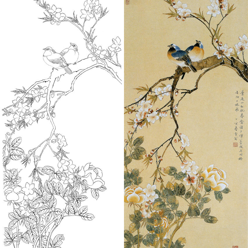 白描底稿-陈之佛工笔竖幅花鸟-桃花春禽-多种白描尺寸可选-a107