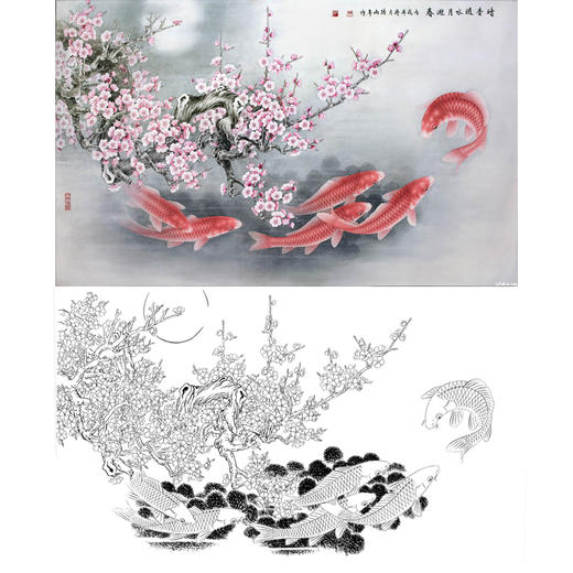 横幅工笔花鸟白描底稿-路雨年-梅花鲤鱼-A019 商品图0