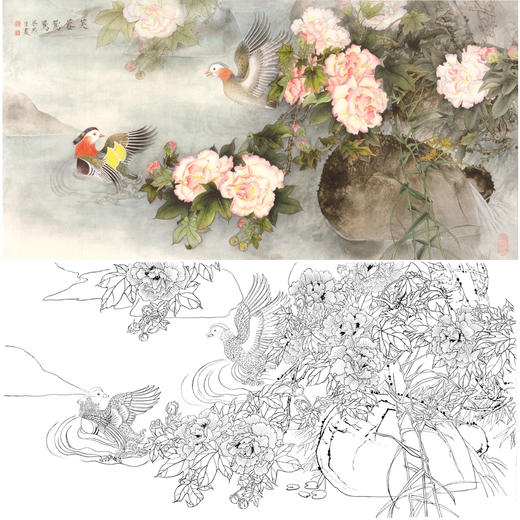 橫幅工筆花鳥白描底稿梁燕生芙蓉花鴛鴦a005