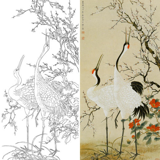 竖幅工笔花鸟白描底稿-陈之佛-仙鹤-梅花白鹤-A090 商品图0