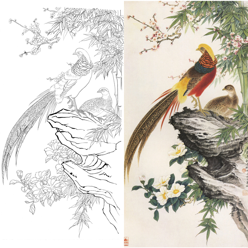 竖幅工笔花鸟白描底稿-金鸿钧竹子锦鸡梅花茶花-A105