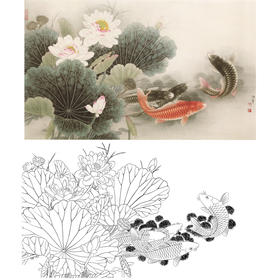 横幅工笔花鸟白描底稿-路雨年-荷花鲤鱼-A020