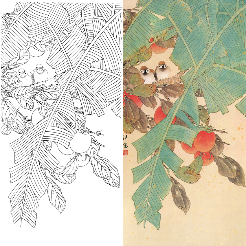 竖幅四尺六尺工笔花鸟白描底稿-喻继高-芭蕉麻雀-《蕉林双雀》-多种白描尺寸可选-A080