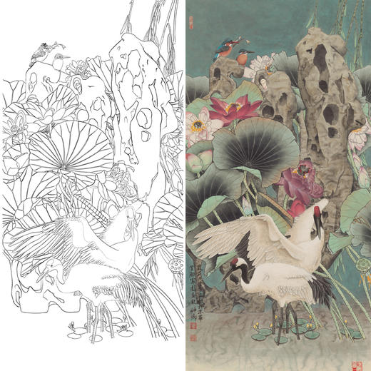 竖幅工笔花鸟白描底稿-荷花仙鹤-A119 商品图0