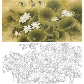 横幅工笔花鸟白描底稿-荷花小鸟-A026