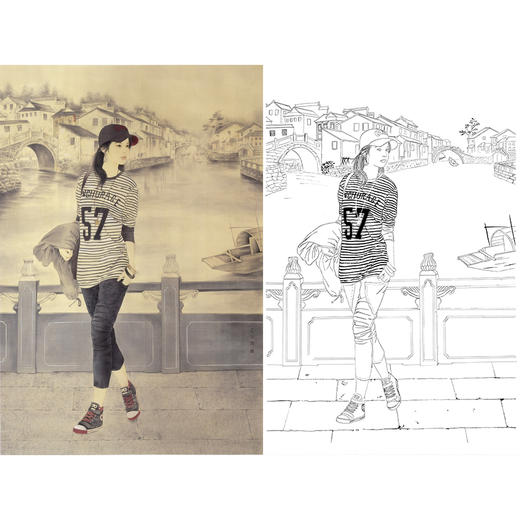 崔景哲竖幅工笔现代仕女人物白描底稿-B007 商品图0