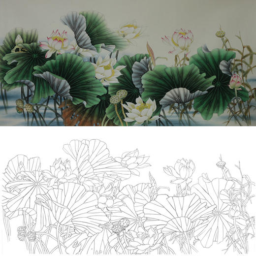 横幅四尺六尺工笔花鸟白描底稿荷花a161