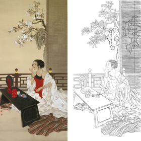 王美芳竖幅工笔传统仕女人物白描底稿《晨妆》-多种白描尺寸可选-B006