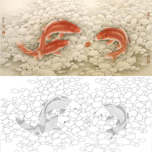 白描底稿路雨年工笔横幅四尺六尺花鸟鲤鱼a156