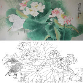 横幅四尺六尺工笔花鸟白描底稿-荷花白鹭-A173