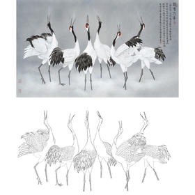 张克齐横幅工笔鸟动物白描底稿-仙鹤-鹤鸣九皋-A151