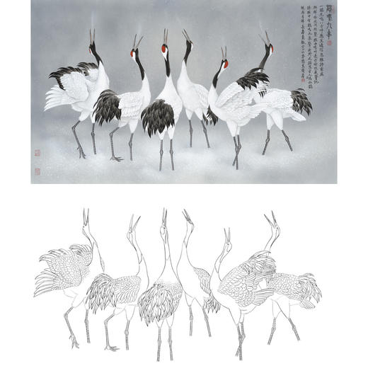 张克齐横幅工笔鸟动物白描底稿-仙鹤-鹤鸣九皋-A151 商品图0