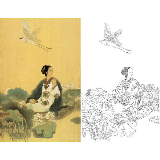 王美芳竖幅工笔传统仕女人物白描底稿《天与青山远》-多种白描尺寸可选-B031 商品图0