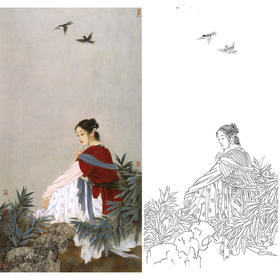 王美芳竖幅工笔传统仕女人物白描底稿《秋月》-多种白描尺寸可选-B008