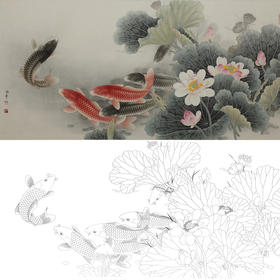 横幅四尺六尺工笔花鸟白描底稿-路雨年-荷花鲤鱼-A166