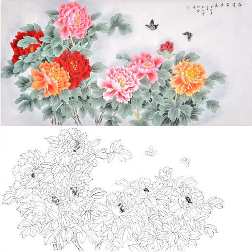 横幅四尺六尺工笔花鸟白描底稿-仇谷-牡丹-满堂富贵春-A142 商品图0