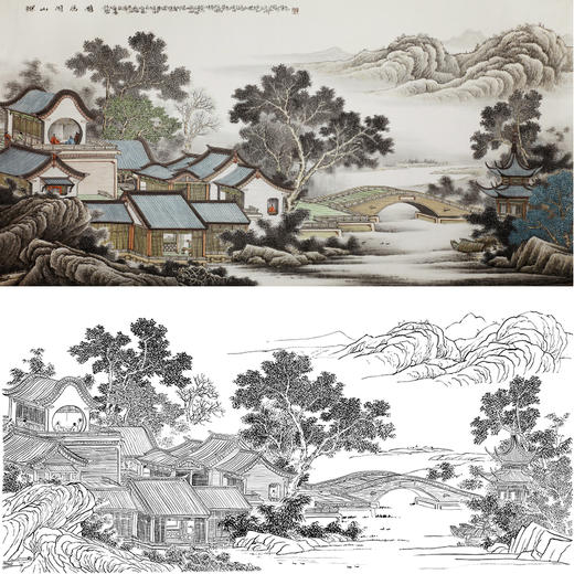 横幅工笔山水人物白描底稿-C002 商品图0