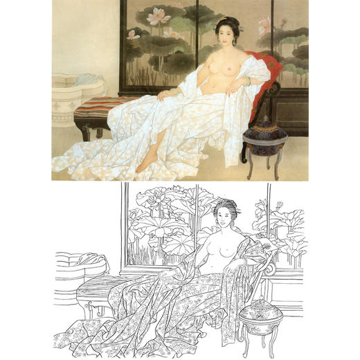 王美芳工笔现代仕女人物白描底稿《出浴》-斗方小品册页-B001 商品图0