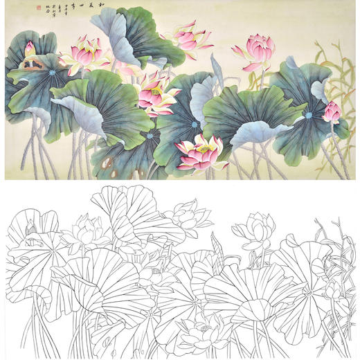 横幅四尺六尺工笔花鸟白描底稿-仇谷-荷花-和美四季-A150 商品图0