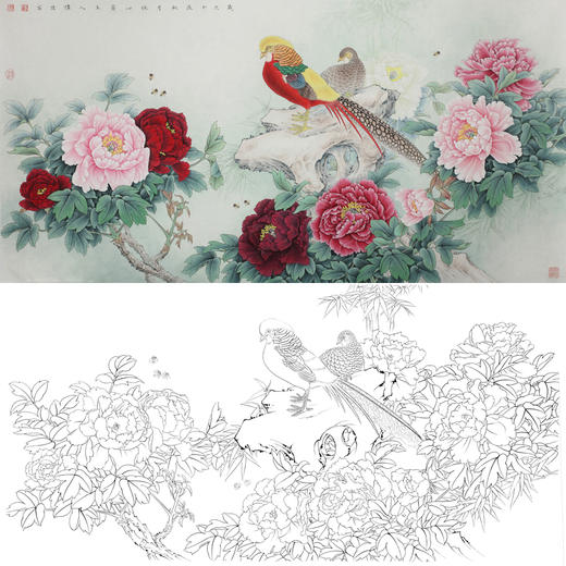 横幅工笔四尺六尺花鸟白描底稿-牡丹锦鸡-A152 商品图0