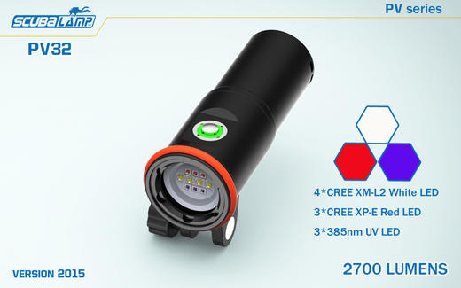 Scubalamp PV32 美国CREE LED 4*白光 3*红光 3*UV紫光 2700流明 专业潜水 高性价比潜水摄影灯 商品图6