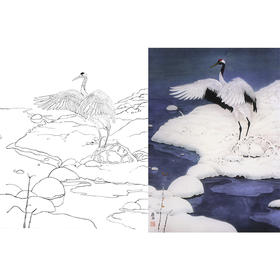 竖幅工笔花鸟白描底稿-雪景仙鹤-A186
