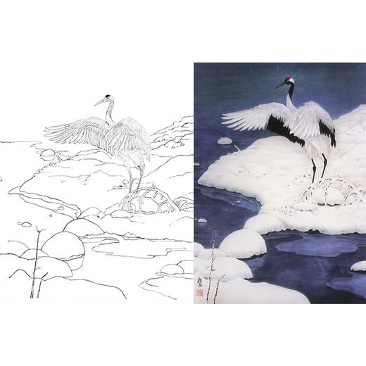竖幅工笔花鸟白描底稿-雪景仙鹤-A186 商品图0