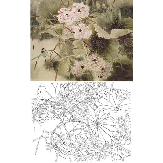 工笔花鸟白描底稿贾广健荷花斗方小品册页a195