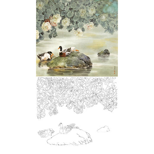 工笔花鸟动物白描底稿-邹传安-黑头鸭-芙蓉花鸭子-斗方小品册页-A293 商品图0