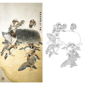 竖幅工笔花鸟白描底稿-鸳鸯-A313