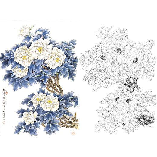竖幅工笔花鸟白描底稿-花卉-牡丹-A227 商品图0