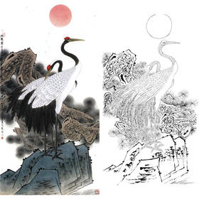 竖幅工笔花鸟白描底稿-松鹤图-仙鹤-A308