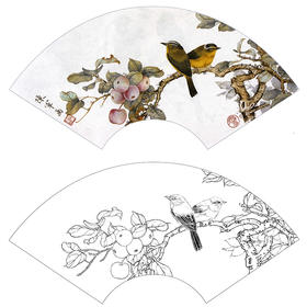 工笔花鸟白描底稿-苹果小鸟扇面小品-A245