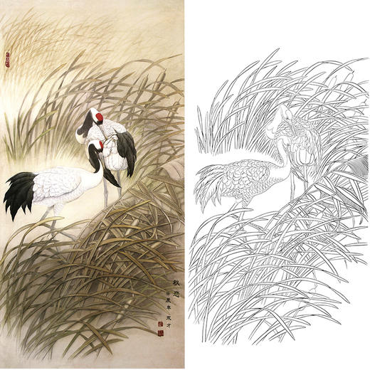 竖幅工笔花鸟白描底稿-仙鹤-A306 商品图0