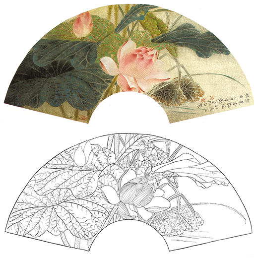 工笔花鸟白描底稿-荷花扇面小品-A361 商品图0