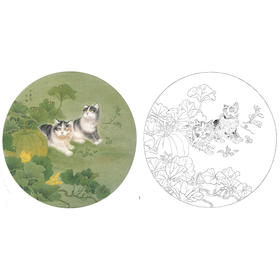 工笔花鸟白描底稿-周中耀-田园南瓜猫小品《瓜田双雄》-多种白描尺寸可选-A428