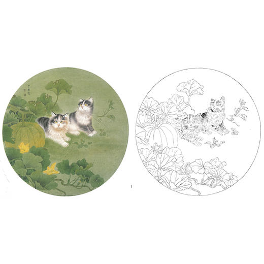 工笔花鸟白描底稿-周中耀-田园南瓜猫小品《瓜田双雄》-多种白描尺寸可选-A428 商品图0