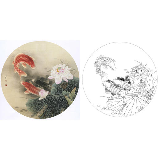 工笔花鸟白描底稿路雨年荷花鲤鱼小品a411