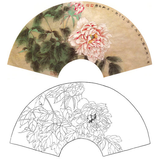 工笔花鸟白描底稿-汤琳南牡丹扇面小品-A354 商品图0