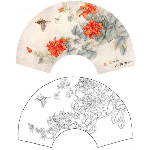 工笔花鸟白描底稿-美艳风姿-扇面小品-A359 商品图0