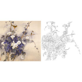 梁燕生工笔花鸟白描底稿《秋意》-斗方小品册页-多种白描尺寸可选-A482