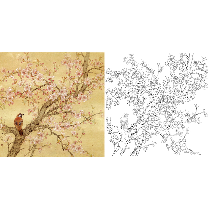 工笔花鸟白描底稿-桃花-斗方小品册页-A501
