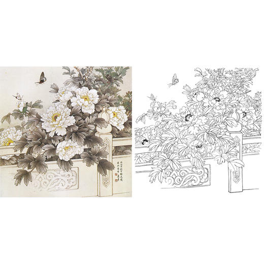 工笔花鸟白描底稿-王庆升牡丹-斗方小品册页-A481 商品图0
