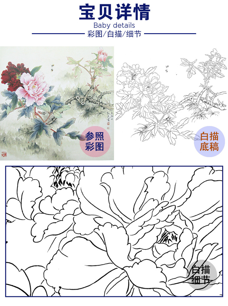 斗方小品白描底稿工笔花鸟牡丹a471